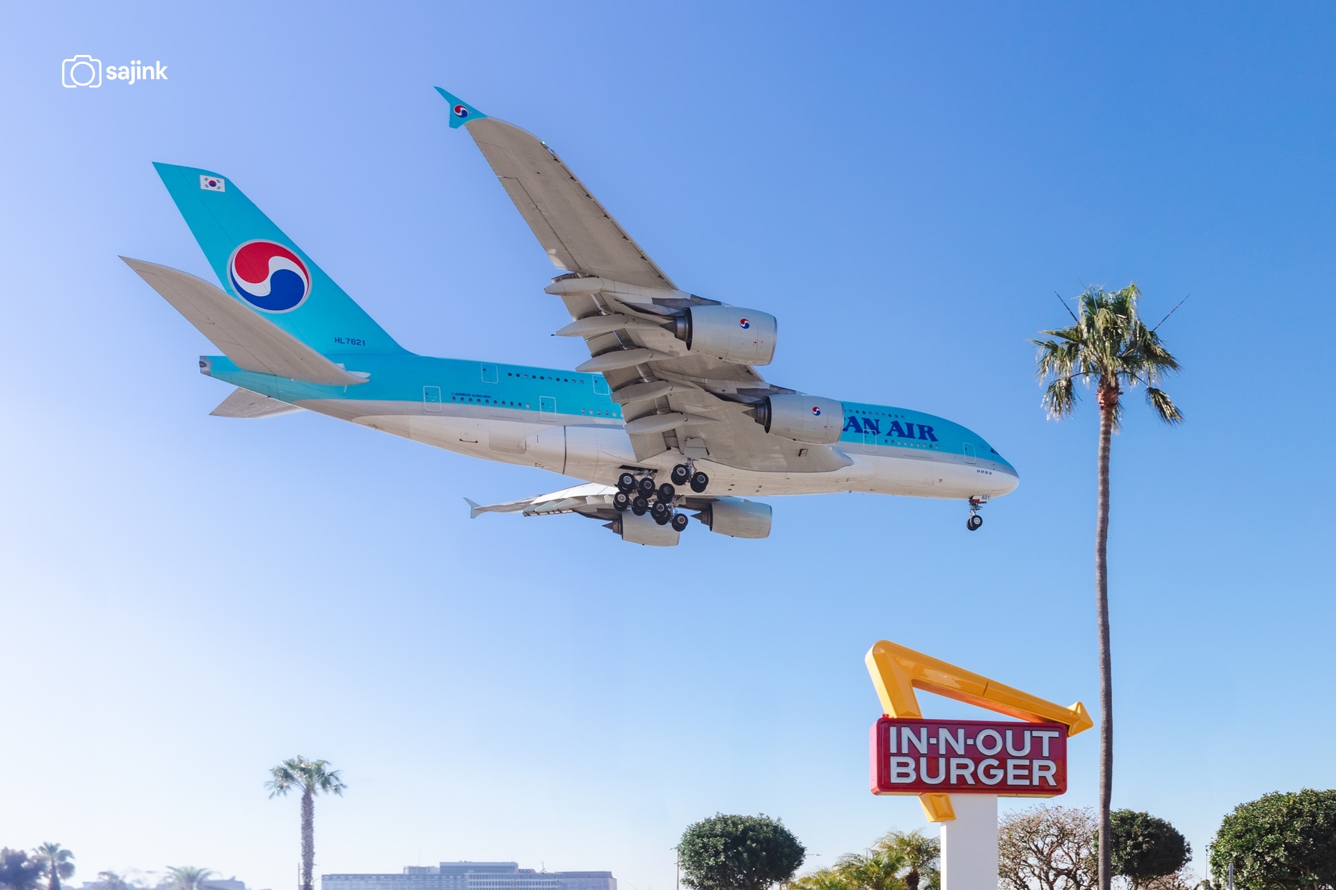 Korean Air A380 Glides Over Iconic In-N-Out Sign During LAX Landing